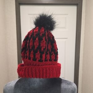 Red and Black Knit Pom-Pom Beanie